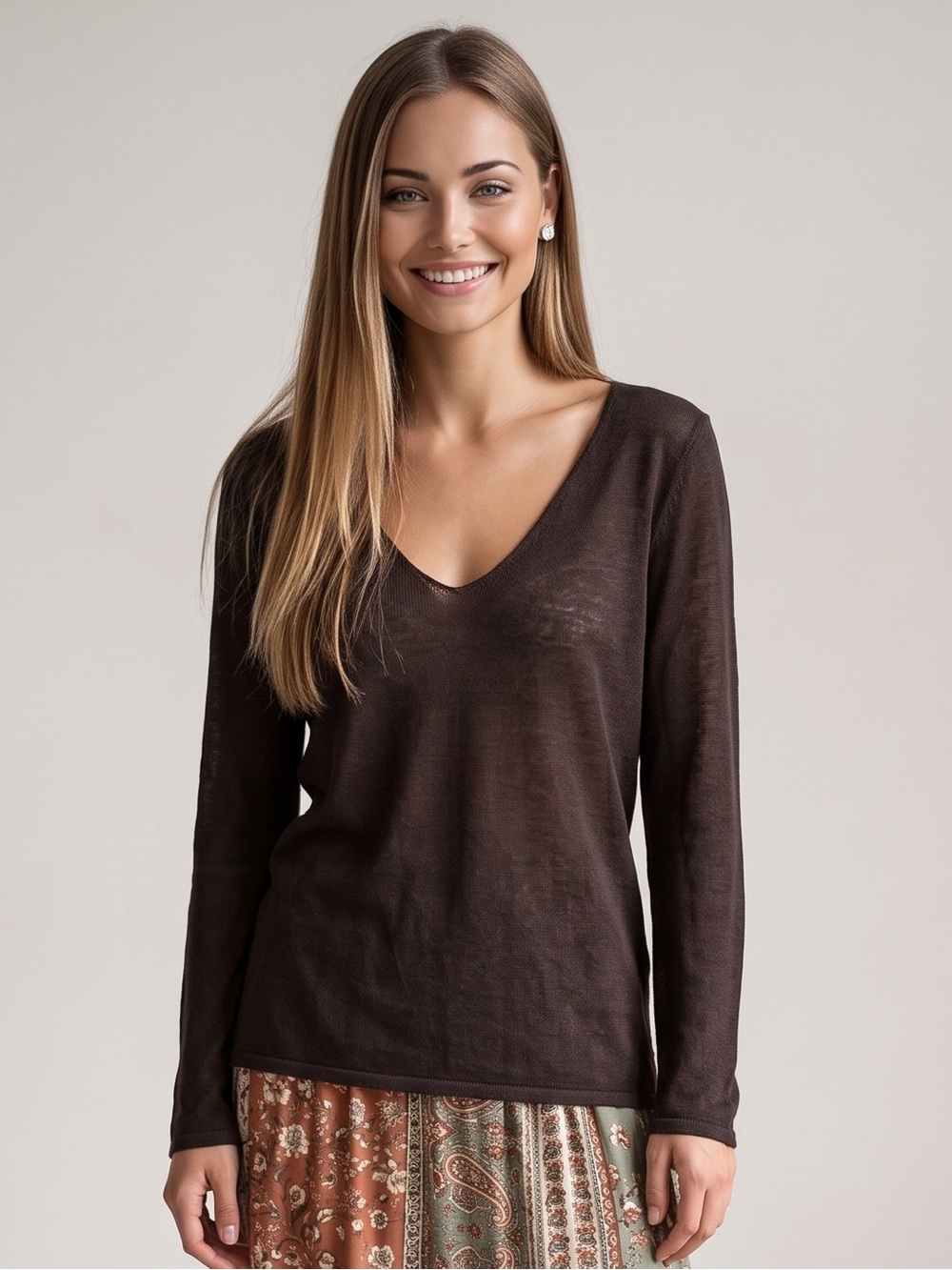 🌻Indigenous Brown VNeck Pullover Hand Loomed Peru Organic Cotton Lyocell Size S